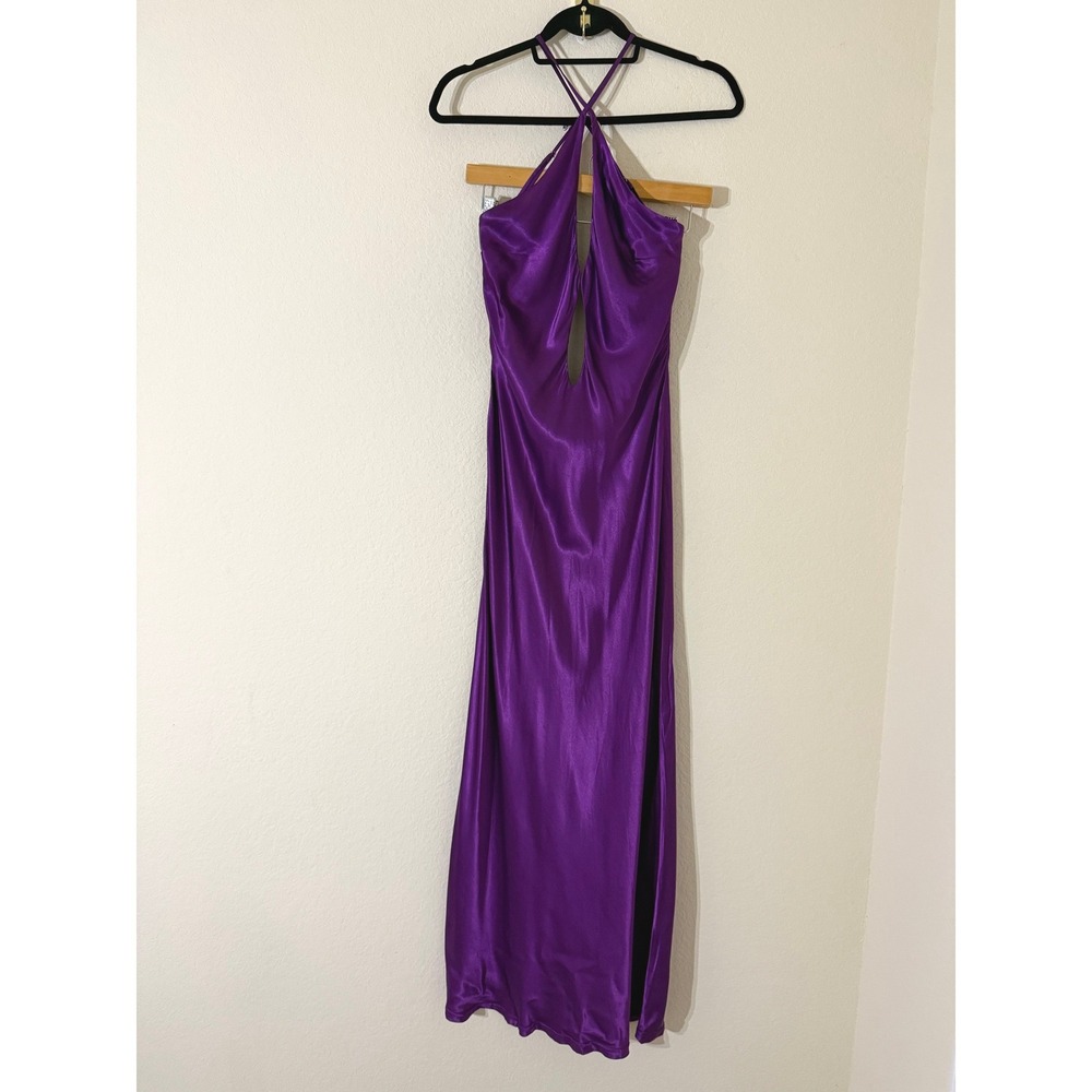 NWT Meshki Lucia Purple Cut Out Satin Halter Keyhole Open Back Maxi Dress Small